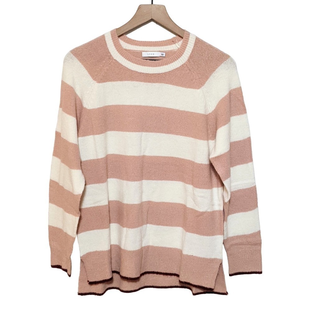 Lush Womens Striped Long Sleeve Crew Neck Sweater Size S Mauve Pink Cream New